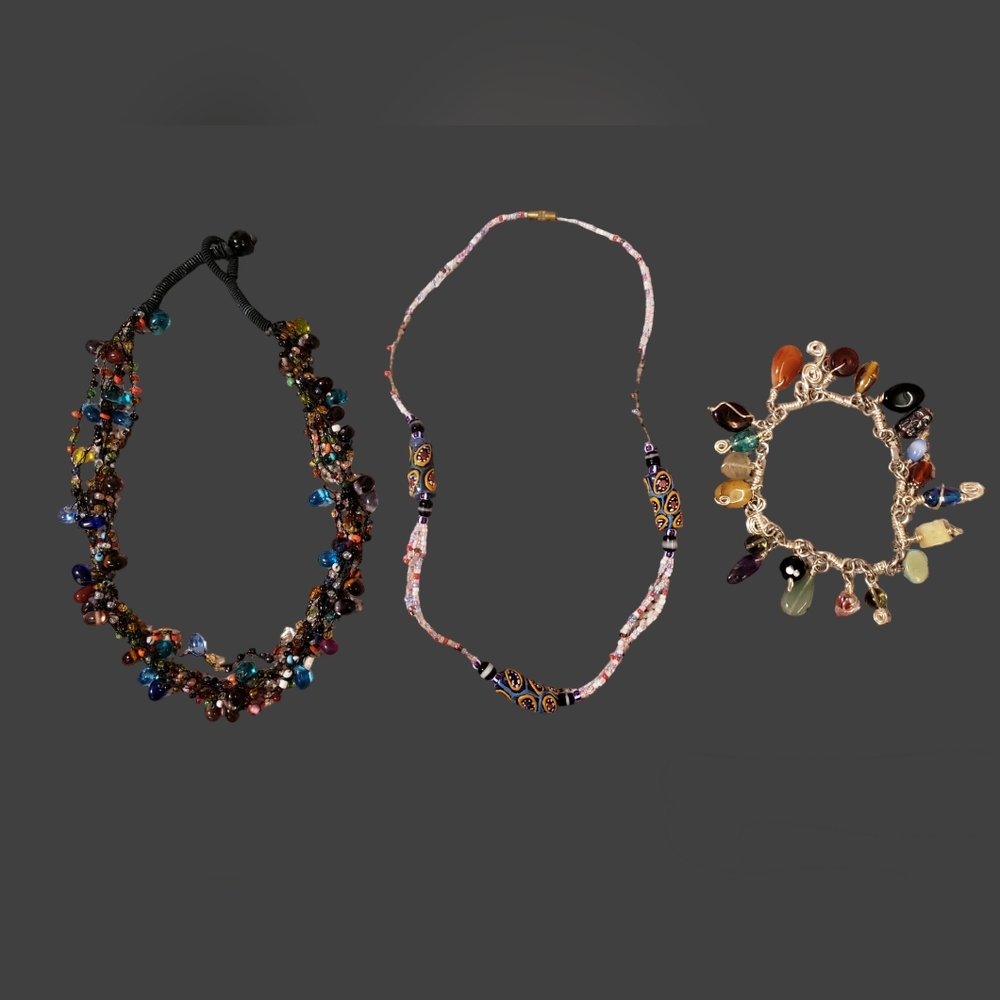 (Bundle) Gem Beaded Chocker, African Trade Necklace & Gem Glass Charm Bracelet